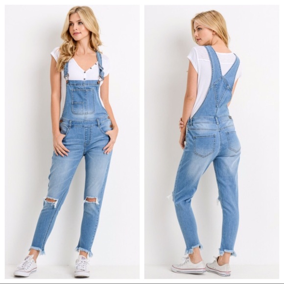Haute Ellie Pants - Distressed Medium Wash Overalls